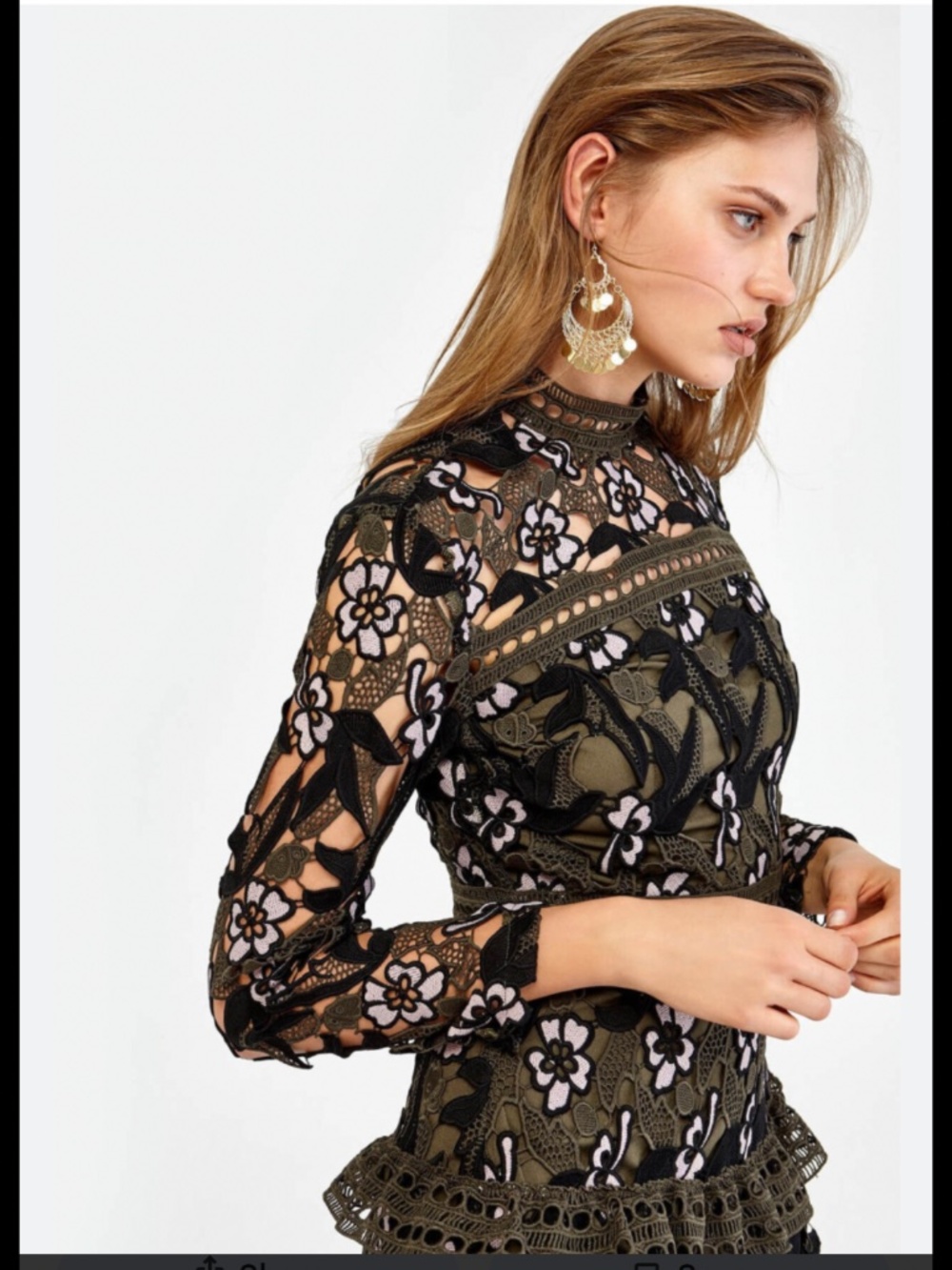 Ipekyol Turkey Olive Green Lace Floral Long Sleeve mini Dress large